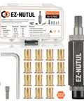 Rivet nut installation tool set in case with 15 zinc-plated rivet nuts and EZ-NUTUL driver