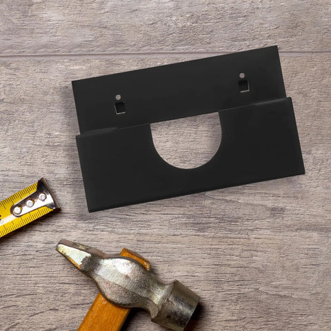 Heavy Duty Angle Grinder Holder Wall Mount Organizer in black iron with tools on wooden surface