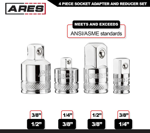 4 Piece Socket Adapter And Reducer Set For 1/4, 3/8, And 1/2 Inch Drives, Includes Two Adapters And Two Reducers, Chrome Vanadium Steel With Mirror Finish, Pro Grade Heavy Duty Conversion Kit For Fast, Smooth Tool Swaps