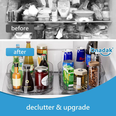 Fridge Spice Lazy Susan Organizer With 360 Degree Rotation in use in refrigerator before and after declutter comparison