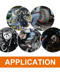 Image showing application scenes for Auto Alignment Body Shim Kit, 48 Pc Universal U Shims Set. Tools and vehicles depicted in use.