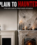 Epic Halloween Fake Spider Webs With 200 Square Feet Of Stretchable Yard Netting And Twenty Realistic Creepy Crawlers For Indoor Outdoor Home Party Decor That Brings Total Goosebumps draped over a fireplace with candles and pumpkins.