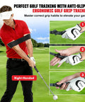 Golfer using Tempo Stick Golf For Right Hand Retractable Swing Trainer With Arm Band on green course to improve swing rhythm.