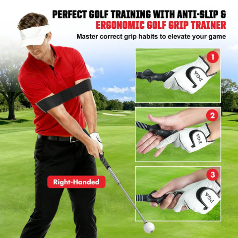 Golfer using Tempo Stick Golf For Right Hand Retractable Swing Trainer With Arm Band on green course to improve swing rhythm.