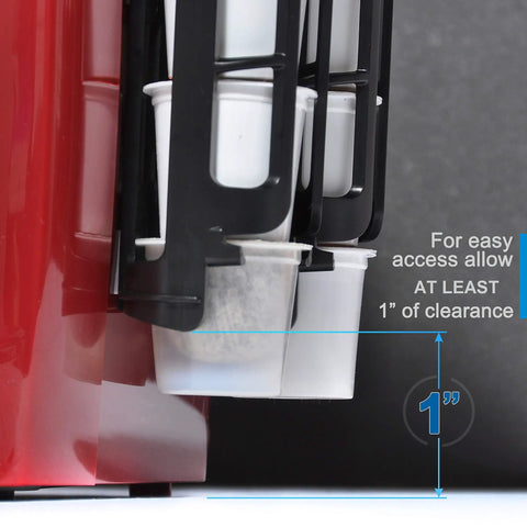 Close-up of K Cup Holder Organizer for Keurig Pods, showing 1-inch clearance for easy access, space-saving countertop mount.