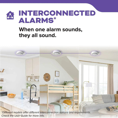 Illustration showing interconnected installation of Hardwired Smoke And Carbon Monoxide Alarm With Voice Alerts, 10 Year Sealed Battery Backup.
