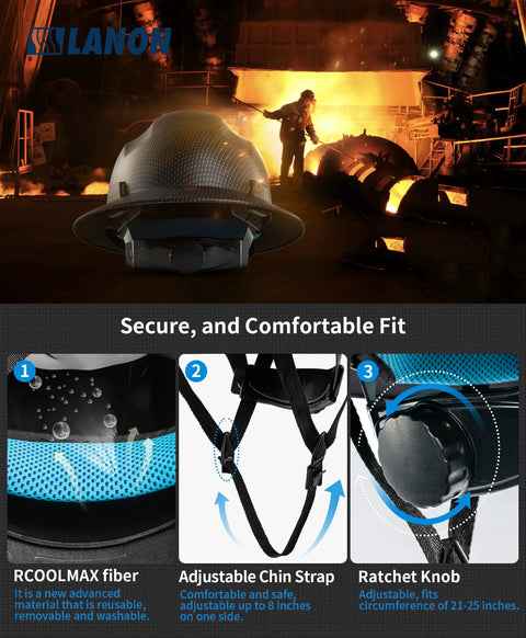 Detailed view of Full Brim FRP Safety Hard Hat With 4 Point Adjustable Ratchet Suspension highlighting chin strap and ratchet knob.