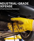 Badass Heavy Duty Nitrile Gloves With 6 Mil Yellow Raised Diamond Texture protecting hands while changing oil under a vehicle.