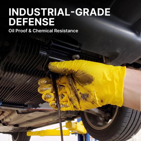 Badass Heavy Duty Nitrile Gloves With 6 Mil Yellow Raised Diamond Texture protecting hands while changing oil under a vehicle.