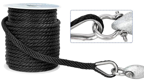 Close-up of Three Eighth Inch Premium Solid Braid MFP Anchor Line with stainless thimble and shackle, 100 foot black line.