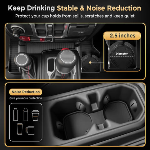 Center Console Organizer Tray for Jeep Wrangler JL JLU 4XE 2018 2026 and Gladiator JT 2020 2026 Built To Fit Maximize Storage And Cup Holder Access Patent Design Black showing cup holder stability and noise reduction features