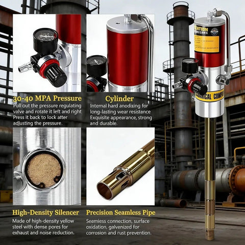 Industrial Grade Air Powered Grease Pump components showing pressure valve, cylinder, silencer, and seamless pipe.