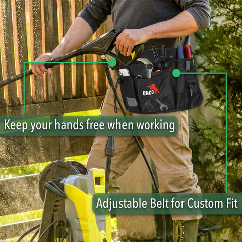 Garden Tool Belt For Men With Pockets, durable waist apron shown in use with adjustable belt and tools, ergonomic for yard work.