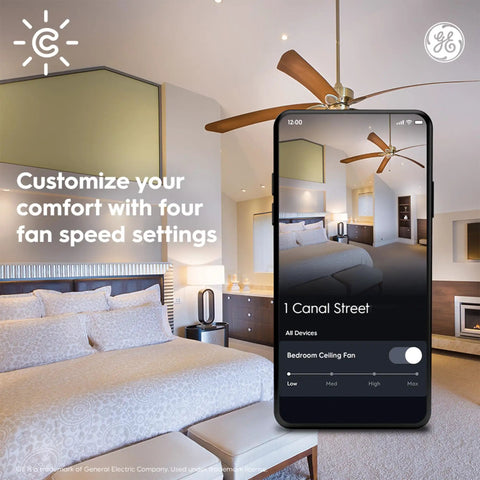 Smart Ceiling Fan Control Switch With 4 Speeds Bluetooth And Wi Fi Neutral Wire Required app interface in bedroom scene