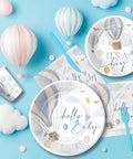 Blue Hot Air Balloon Baby Shower Tableware Set for Boy Disposable Plates Cups Napkins and Cutlery Serves 24 Adventure Awaits Theme Party Supplies for the Baby Shower Celebration with hot air balloon designs.