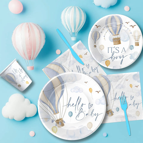 Blue Hot Air Balloon Baby Shower Tableware Set for Boy Disposable Plates Cups Napkins and Cutlery Serves 24 Adventure Awaits Theme Party Supplies for the Baby Shower Celebration with hot air balloon designs.