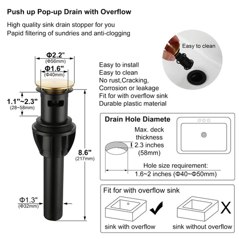 Push up pop-up drain for overflow sink with dimensions and installation details.