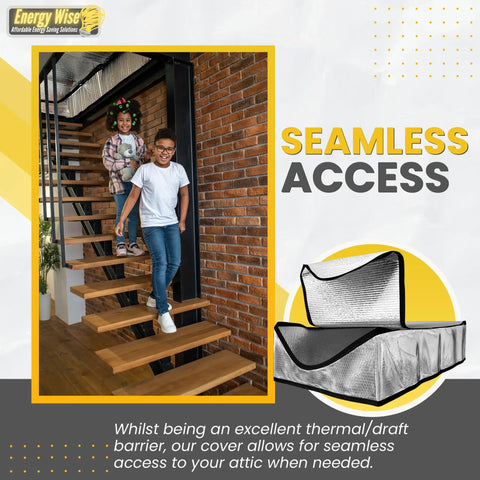 Premium Attic Door Insulation Cover For Pull Down Stairs Extra Thick Double Bubble Insulation displayed with family on stairs