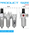 Half Inch NPT Industrial Grade Three Stage Air Drying System with filters, metal bowl, and regulator dimensions in inches