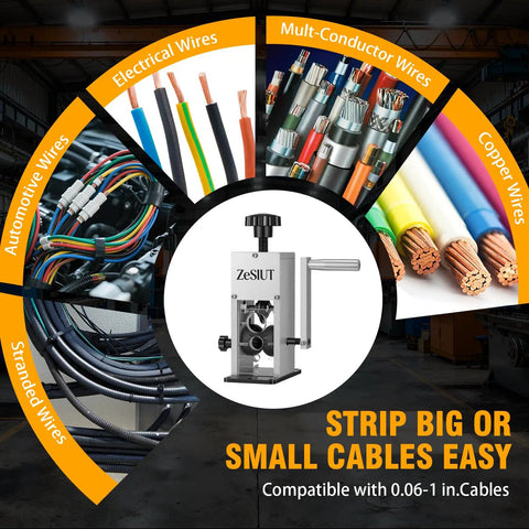 Heavy Duty Wire Stripper Machine With Hand Crank Or Drill Power in workshop with various types of cables and wires.