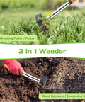 17 Inch Weed Puller Tool 2 In 1 Garden Hoe And Rake For Weeding Uprooting Planting Portable Manual Weeder With 4 Teeth Rake in use