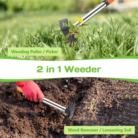 17 Inch Weed Puller Tool 2 In 1 Garden Hoe And Rake For Weeding Uprooting Planting Portable Manual Weeder With 4 Teeth Rake in use