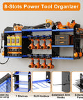40 Inch Wall Mounted Power Tool Organizer With Charging Station For Cordless Tools, Built To Handle Your Drill Stack, Heavy Duty Drill Rack With Hooks And 8 Outlet Power Strip, Large Garage Tool Shelf Blue displayed with tools and accessories.