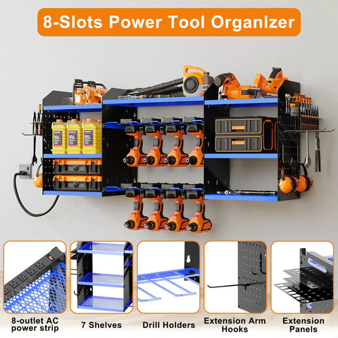 40 Inch Wall Mounted Power Tool Organizer With Charging Station For Cordless Tools, Built To Handle Your Drill Stack, Heavy Duty Drill Rack With Hooks And 8 Outlet Power Strip, Large Garage Tool Shelf Blue displayed with tools and accessories.