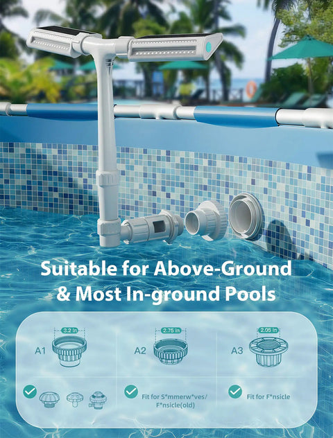 Solar Pool Fountain With 10 Color LED Lights And Auto Light Sensor, 360 Degree Dual Spray Waterfall shown in above-ground pool