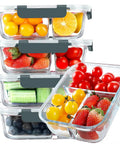 Glass Meal Prep Containers With 3 Compartments, 36 Oz, 5 Pack, Airtight Lids, Microwave And Freezer Safe, holding colorful fruits.