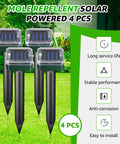 Solar Powered Ultrasonic Mole And Pest Deterrent For Outdoor Gardens, Waterproof Yard Repeller, 4-pack on lawn with features