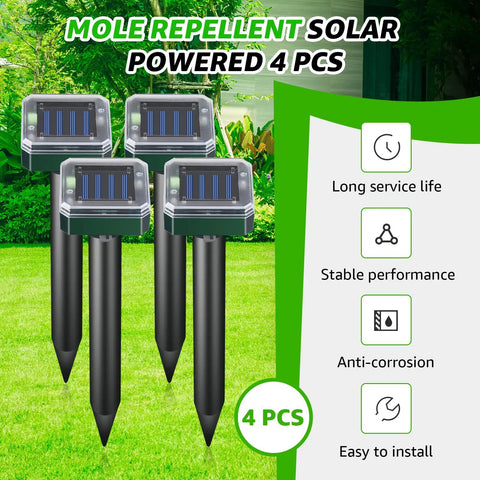 Solar Powered Ultrasonic Mole And Pest Deterrent For Outdoor Gardens, Waterproof Yard Repeller, 4-pack on lawn with features