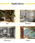 Applications for heavy duty wall mount back plate shower door hinge in spas, bathrooms, fitness clubs, and resorts.