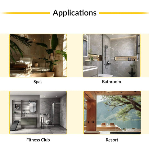 Applications for heavy duty wall mount back plate shower door hinge in spas, bathrooms, fitness clubs, and resorts.