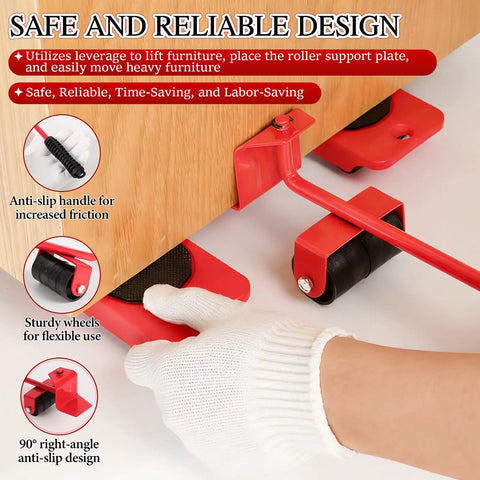 Image showing a hand using a Heavy Duty Furniture Lift Mover Tool Set with Wheels lifting a wooden furniture piece safely.