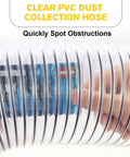 Close-up of Clear PVC Dust Collection Hose 4 Inch Diameter 15 Feet Long Flexible Tube With Black Wire Reinforcement, hand visible inside.