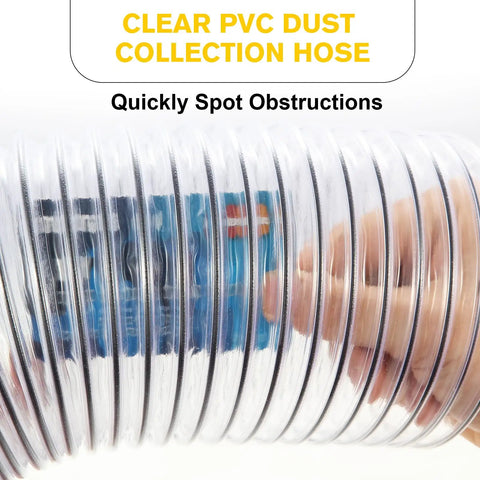 Close-up of Clear PVC Dust Collection Hose 4 Inch Diameter 15 Feet Long Flexible Tube With Black Wire Reinforcement, hand visible inside.