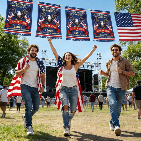 People celebrating under 250th Anniversary USA Flag Garden Flag Burlap 12x18 Inch Double Sided Patriotic Yard Decor Featuring 1776 2026 Eagle
