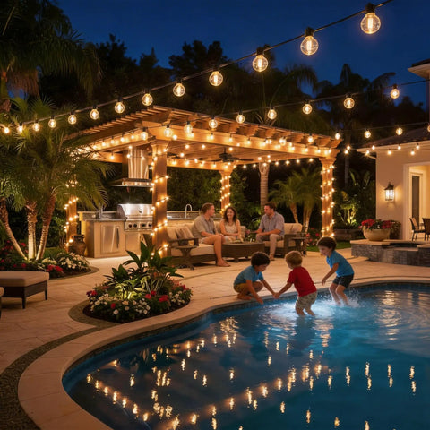 Outdoor String Lights 150 Ft G40 LED Patio Lights Plug In Waterproof Connectable Globe Bulbs 75 E12 Warm White 2700K over pool
