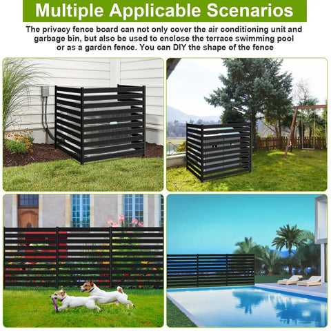 Outdoor AC Unit Fence Screen Set, 3 Panels, 42 Inch Tall By 38 Inch Wide, hiding trash cans and pool equipment, black metal