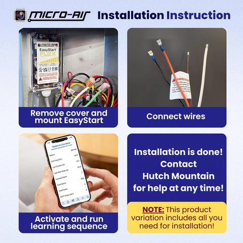 Installation steps for Easy Start Breeze 399 Soft Starter For RV Air Conditioners with cover removal, wire connection, and activation.