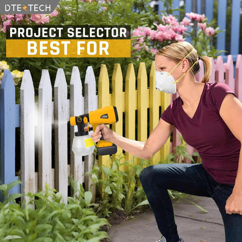 Heavy Duty Cordless Paint Sprayer With Variable Spray Settings And Four Copper Tips For Smooth Wall Fence And Cabinet Coating Jobs That Deliver Crisp Edges And Hassle Free Cleanup For Any Weekend Warrior in use on a white fence.