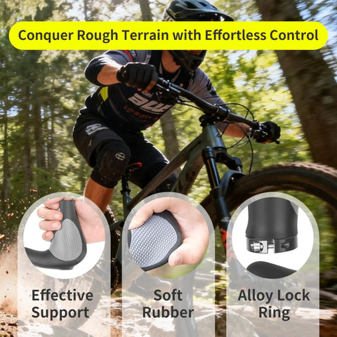 Biker using Ergonomic Bike Handlebar Grips With Anti Slip Rubber for MTB on forest trail showing grips and locking ring details.