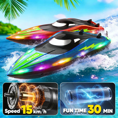 Dual Prop RC Boat With LED Lights 14 Inch Remote Control Water Racer 2 4Ghz Fast Boat Up To 15 KMH in action on water