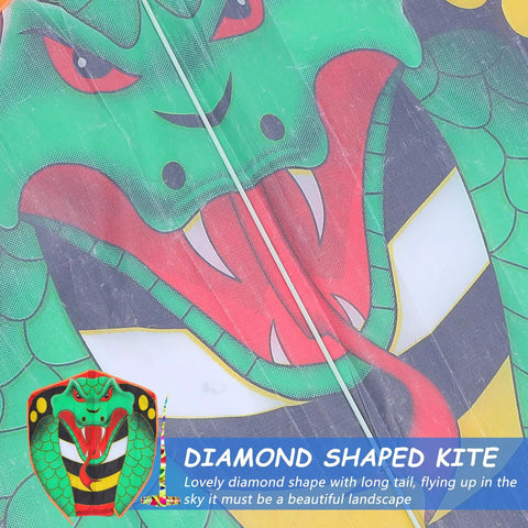 Close-up of Long Snake Kite with Gold Foil Detailing for Adults, showing green snake design and ultra long tail in vibrant colors.