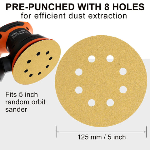 5 inch sanding disc set with 8 holes shown on random orbital sander, part of 110 Piece 5 Inch 8 Hole Sanding Disc Set With Aluminum Oxide Grits 60 Through 1000 For Wood Plastic Rust Removal And Finishing On DIY Friendly Random Orbital Sander Pads
