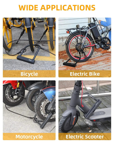 Heavy Duty U Lock With 18mm Hardened Shackle And 6ft Steel Security Cable For E Bikes And Electric Scooters Includes 3 Keys Built For Real World Anti Theft On Motorcycles Moped Dirt Bikes And Tri Bikes. wide applications for bicycle, electric bike, motorcycle, and electric scooter