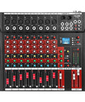 Top view of Eight Channel DJ Mixer For Home Studio And Live Gigs With Bluetooth And USB MP3 Playback Pro EQ XLR And One Quarter Inch Inputs 48V Phantom Power LED Peak Meter Ideal For Karaoke And Recording.