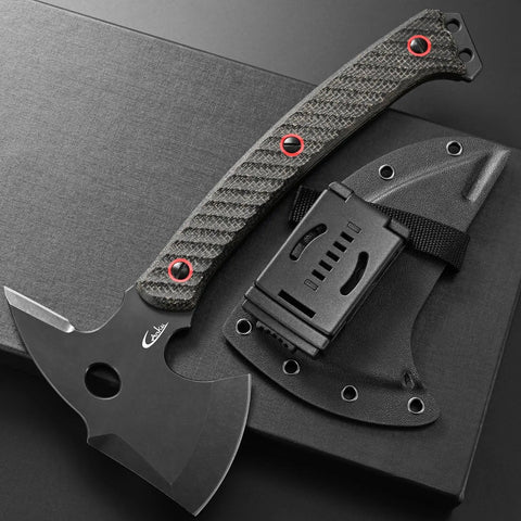 Beast Of A Camping Axe For Bushcraft And Survival With DC53 Steel Blade And Micarta Handle Full Tang Hatchet Great For Hiking Hunting Wood Splitting Chopping And Outdoor Prep With Durable Kydex Sheath, displayed on fabric background with sheath
