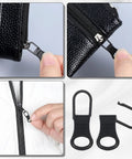 10 Pack Metal Zipper Pull Replacement Tabs for jackets, jeans, backpacks, and luggage, shown attached to zippers and close-up view.
